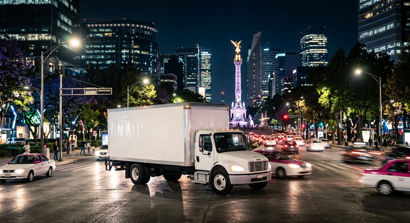 Camión de mudanzas moderno transitando por Paseo de la Reforma de noche